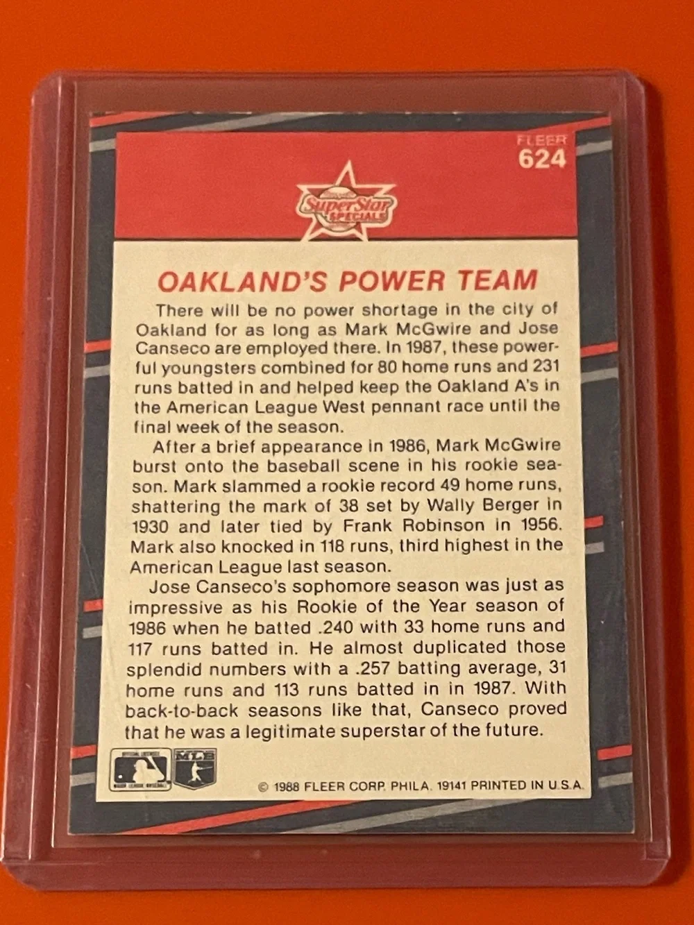 Oakland's Power Team [M.McGwire/J.Canseco] #624 1988 Fleer Baseball Trading Card